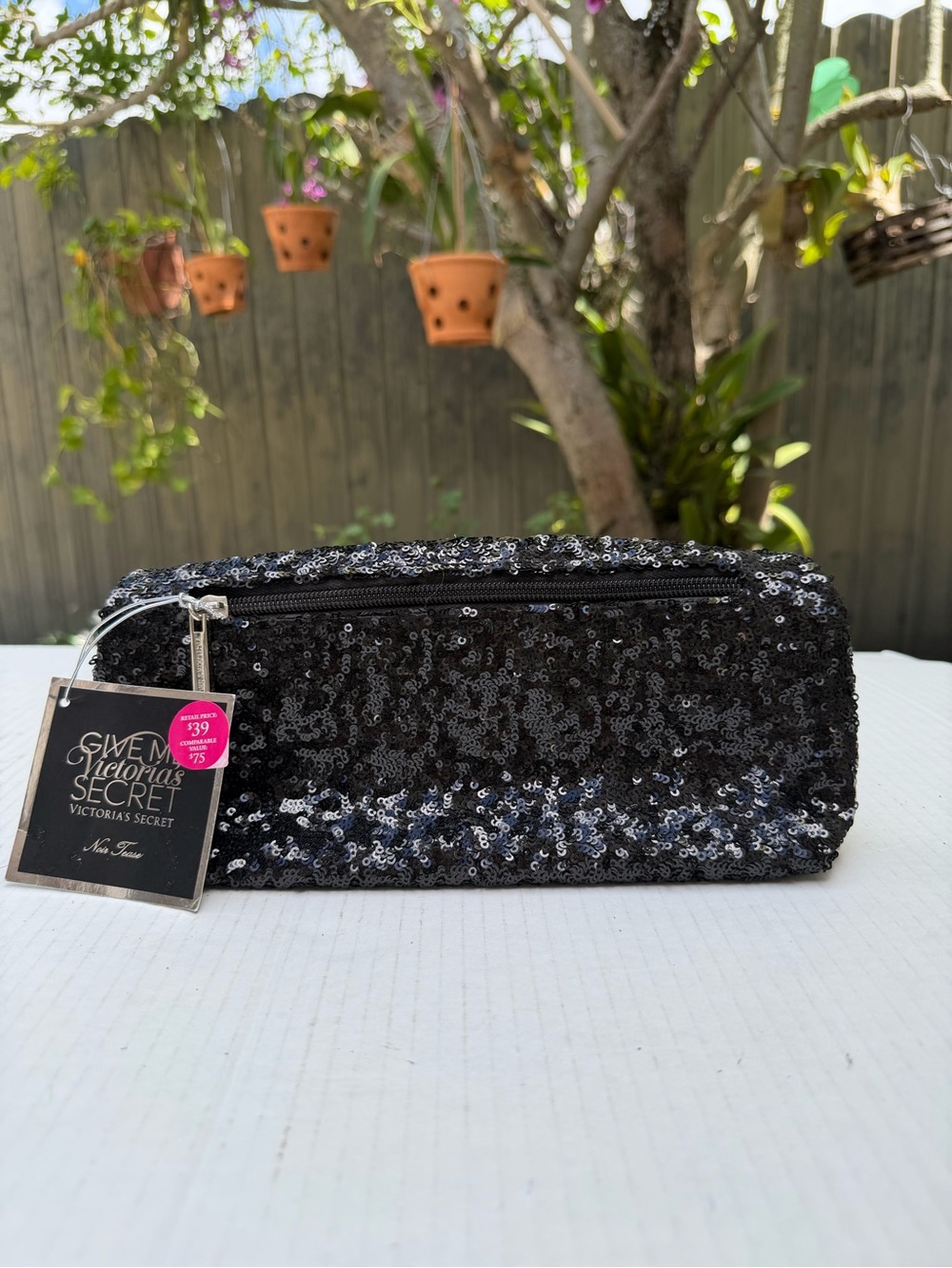Victoria’s Secret Black Sequin Clutch Cosmetic Bag NWT Give Me VS Evening Pouch